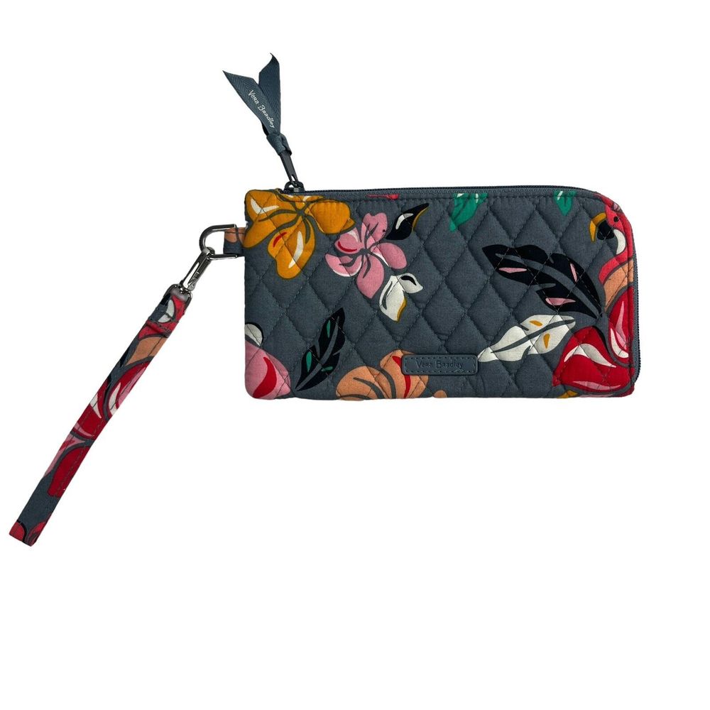Vera Bradley RFID Tech Wristlet Wallet Phone Hold Gray Tropical Print Zip Ladies